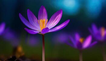 ai generado maravilloso y natural antecedentes de hermosa floreciente púrpura colchicum otoñal en el campo, con un oscuro blured antecedentes foto