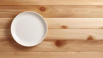 AI generated Simple and elegant background of an empty light brown wooden surface with a empty round white plate on it, suitable for food, kitchen, or dining themes photo