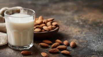 AI generated Glass of almond milk studio shot , Healthy eating concept . photo