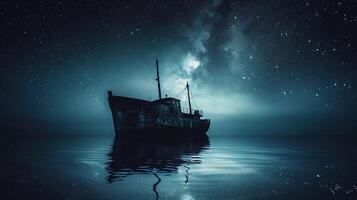 AI generated Nighttime ship sailing across the sea under the starry sky photo