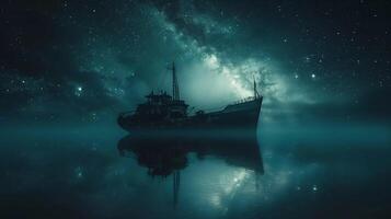 AI generated Nighttime ship sailing across the sea under the starry sky photo