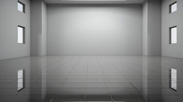 AI generated 3d rendering of empty room with gray walls and floor and windows photo