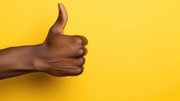 AI generated closeup hands showing thumbs up on a yellow background with copy space photo