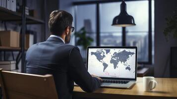 ai generado espalda ver de empresario utilizando ordenador portátil con mundo mapa en pantalla en oficina foto