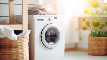 AI generated Washing machine in the laundry room. 3d rendering and illustration. photo