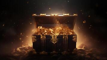 AI generated Treasure chest with golden light and dark background. photo