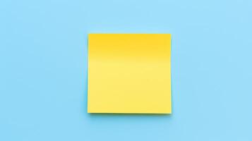 AI generated Yellow sticky note on blue background. Top view with copy space. photo