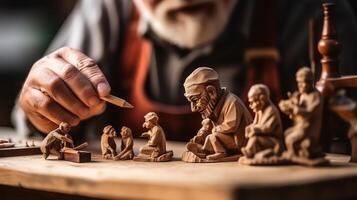 ai generado carpintero trabajando en madera arte en su estudio. artesano creando un escultura foto