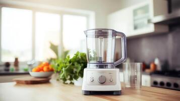 AI generated Modern electric blender on wooden table in kitchen. photo