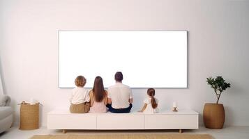AI generated Rear view of family sitting on sofa in living room and watching tv mockup photo