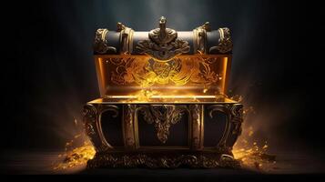 AI generated Open treasure chest with golden crown and gold splashes on black background photo