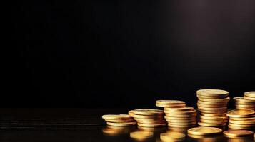 AI generated Golden coins with dark background, business and finance concept idea. photo