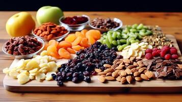 AI generated Healthy food on a wooden background. Nuts, dried fruits and berries. photo