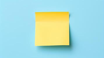 AI generated Yellow sticky note on blue background. Top view with copy space. photo