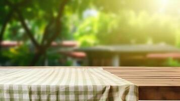 AI generated Table Top with towel and Blur Nature of the Background Concept of Summer photo