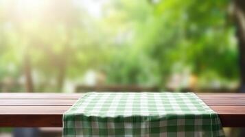 AI generated Table Top with towel and Blur Nature of the Background Concept of Summer photo