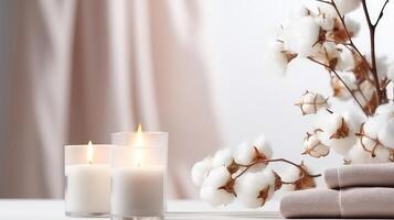 ai generado ardiente velas y algodón flores en blanco mesa en habitación, de cerca foto