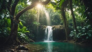 ai generado hermosa cascada en un lozano selva, con luz de sol foto