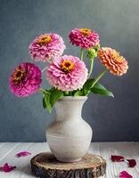 AI generated Bouquet of zinnia flowers in vase on wooden background photo