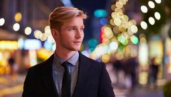 AI generated Portrait of a handsome young man on the street at night photo