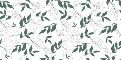 Seamless pattern with abstract linear silhouettes of leaves, branches. Simple plant print. Vector graphics.