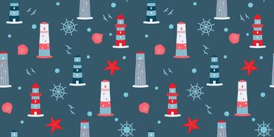 Seamless pattern with lighthouse, helm, stars, shells. Abstract sea print. Vector graphics.