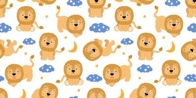 Seamless pattern with cute baby lions. Abstract children's print with animals, clouds, stars. Vector graphics.