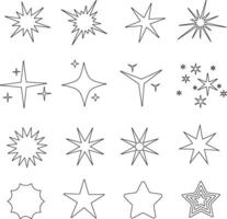 Vector set of stars icon. Black lineal stars on a white background. Space object, spark, flash, light. Good for stickers, web, print, newyear design, brochures, flyers.