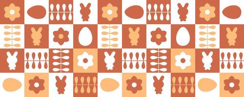 Swiss style monochrome Easter horizontal pattern with rabbits, eggs and flowers. Print for card, cup, mug, banner. Perfect spring design. vector