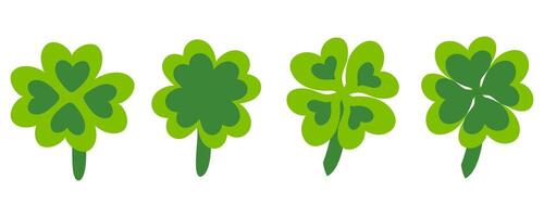 Heart shaped four leaf clover plant collection for St Patricks Day. Perfect set for card, sticker, poster, banner. Hand drawn isolated vector illustration.