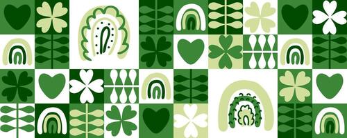 Hand drawn horizontal banner with four leaf clovers, rainbows and hearts. Saint Patricks Day print for card, cup, mug, banner. Doodle vector illustration.