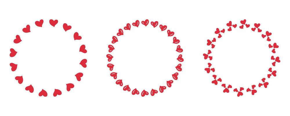 Doodle hearts round frames collection for decor and design. Romantic print set for card, sticker, poster. Hand drawn vector illustration.