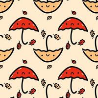 Fall artwork doodle seamless pattern with umbrellas and leaves. Perfect print for paper, textile and fabric. Hand drawn vector illustration.