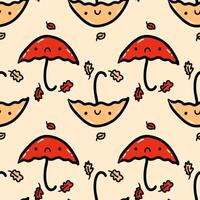 Fall artwork doodle seamless pattern with umbrellas and leaves. Perfect print for paper, textile and fabric. Hand drawn vector illustration.