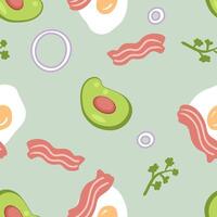 Energizing Eggcited seamless pattern with avocado, bacon and eggs. Food print for paper, fabric, textile. Hand drawn vector illustration.