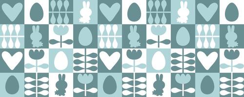 Easter horizontal pattern with rabbits, eggs and tulip flowers. Print for card, cup, mug, banner. Perfect spring design. vector