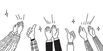 Applause hand draw, doodle clapping ovation. thumbs up gesture isolated on white background , vector illustration.