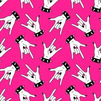 Seamless y2k pink pattern in 90s style. Trendy bg with punk girl rock hand sign. Nostalgia for the 2000s. Crazy design for music festival, party. Vector background for textile, fabric, wrapping.