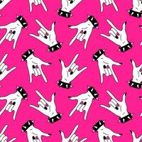 Seamless y2k pink pattern in 90s style. Trendy bg with punk girl rock hand sign. Nostalgia for the 2000s. Crazy design for music festival, party. Vector background for textile, fabric, wrapping.