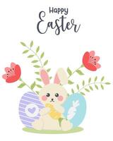 Greeting card with Easter bunny, eggs and flowers on a white background. Cute background great for Easter cards, banner, textiles, wallpapers. Vector illustration.