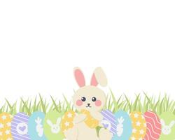 Greeting card with Rabbit and Easter eggs on a white background. Cute background great for Easter cards, banner, textiles, wallpapers. Vector illustration.