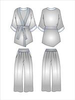 Unisex Karate suit design with flared pants flat sketch fashion illustration with front and back view wrapped kimono blouse top with Pajama suit sleepwear set cad drawing vector