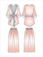 Unisex Karate suit design with flared pants flat sketch fashion illustration with front and back view wrapped kimono blouse top with Pajama suit sleepwear set cad drawing vector