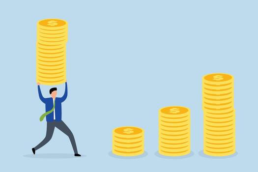 Compound interest effect, Businessman investor holding a large stack of dollar coins to use as a growth compound graph. vector