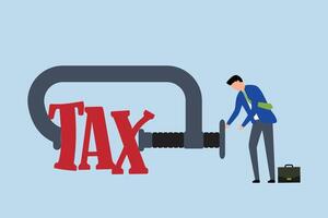 Tax payment reduction, Businessman with extensive experience managing money uses clamping to constrict the term tax metaphor of reduction. vector