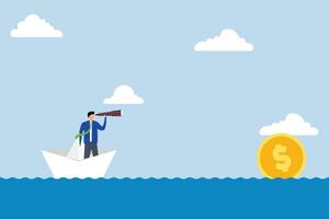 Financial planning target, Businessman aboard a boat, using a telescope to glimpse faraway golden money coins. vector