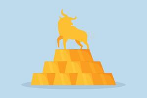oro inversión toro mercado, brillante toro estatua en un montículo de plata en lingotes oro barras y lingote poder. vector