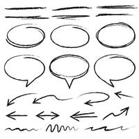 Set of hand drawn lines, brush lines, underlines, arrows, speech bubbles, round frames. Hand drawn collection of various shapes. Isolated on white. Vector illustration