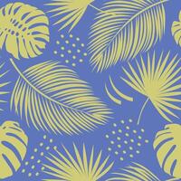 Summer seamless vector pattern with silhouettes of exotic leaves. Trendy color-block background for textiles, prints, wallpapers.