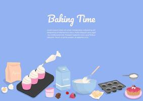 Cupcakes and baking utensils on blue background vector